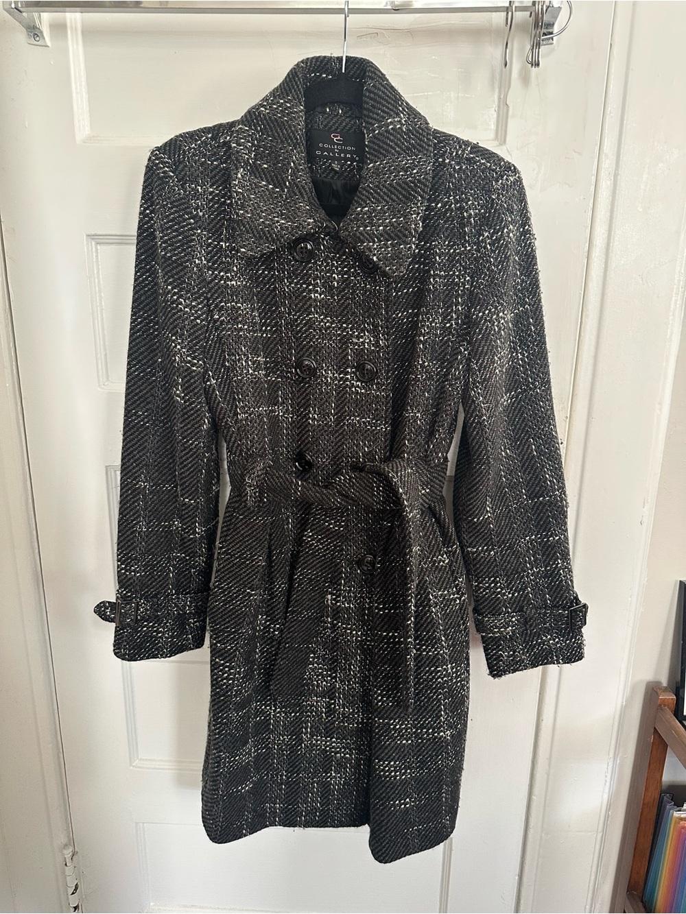 Wool-Blend Black & Gray Plaid Trench Coat - Women's